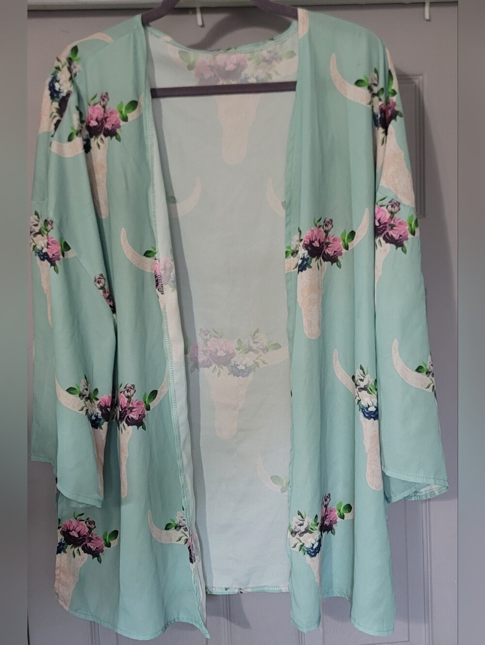 Floral Bull Skull Mint Kimono Wrap Shawl - Size: XXXL